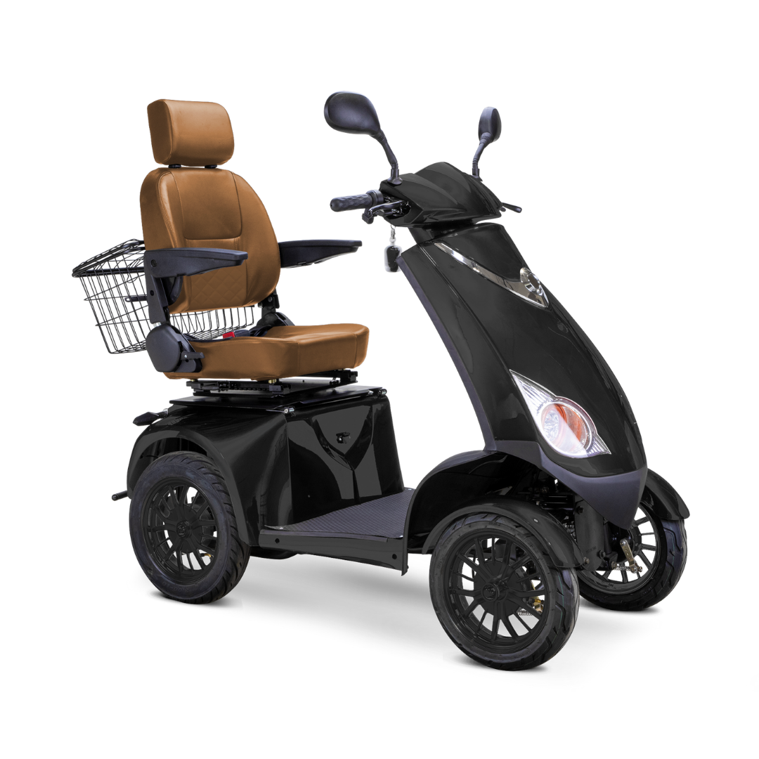 The Bespoke Platinum Recreational 4-Wheel Scooter with Electric Brake Assist features a black finish, high-performance motor, brown cushioned seat with armrests and headrest, handlebars, mirrors, and a rear metal storage basket.